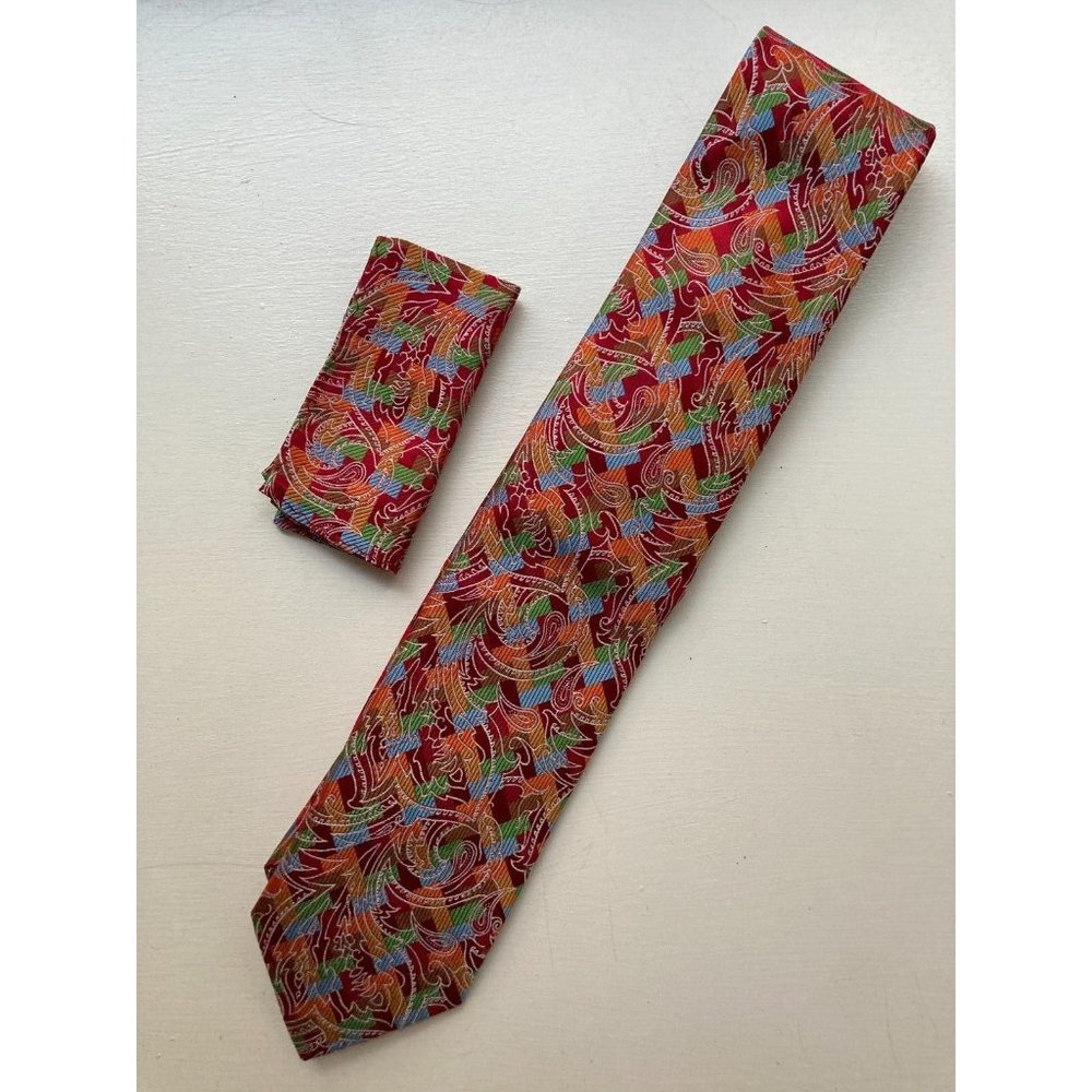 STEVEN LAND-BIG KNOT-Handmade Silk Tie/Pocket Square Mens Multicolor 65"